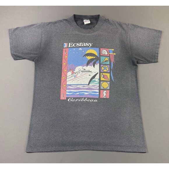 Rare Vintage 90s Ecstasy Caribbean Cruise Boat Faded Black Single Stitch T Large - Picture 1 of 5